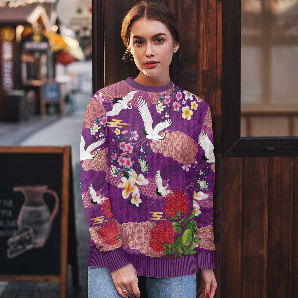 Hawaiian and Japanese Culture Together Ugly Christmas Sweater Purple Ohia Lehua Plumeria and Sakura Blooming LT03 - Polynesian Pride