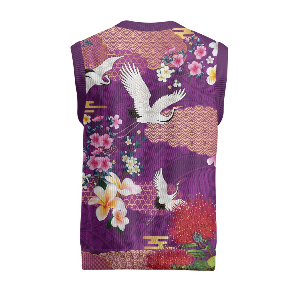 Hawaiian and Japanese Culture Together Christmas Knitted V-Neck Vest Purple Ohia Lehua Plumeria and Sakura Blooming LT03 - Polynesian Pride
