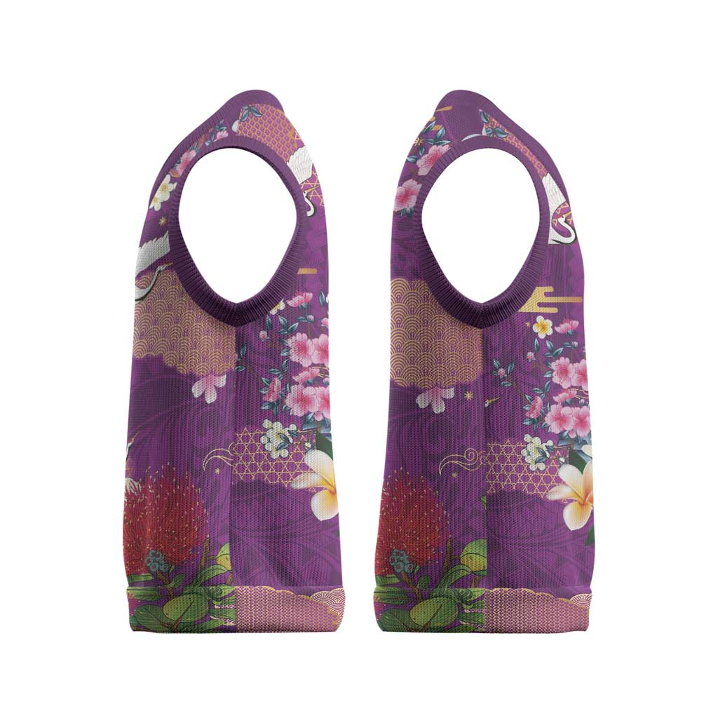 Hawaiian and Japanese Culture Together Christmas Knitted V-Neck Vest Purple Ohia Lehua Plumeria and Sakura Blooming LT03 - Polynesian Pride