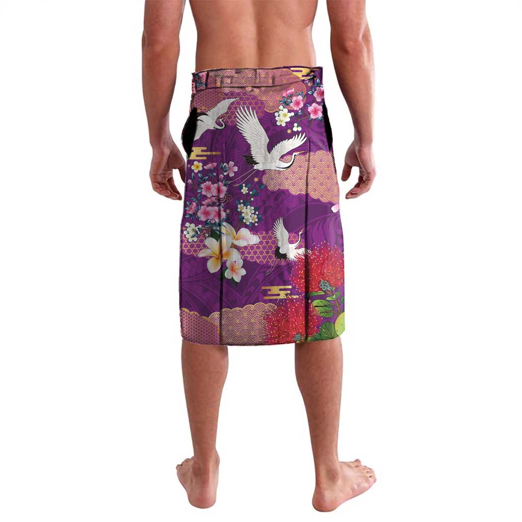 Hawaiian and Japanese Culture Together Lavalava Purple Ohia Lehua Plumeria and Sakura Blooming LT03 - Polynesian Pride
