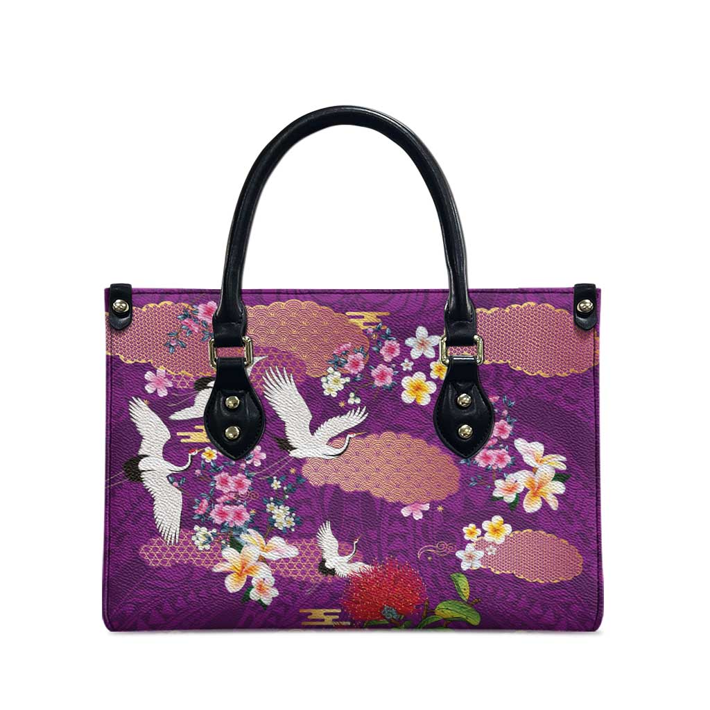 Hawaiian and Japanese Culture Together Leather Bag Purple Ohia Lehua Plumeria and Sakura Blooming LT03 - Polynesian Pride