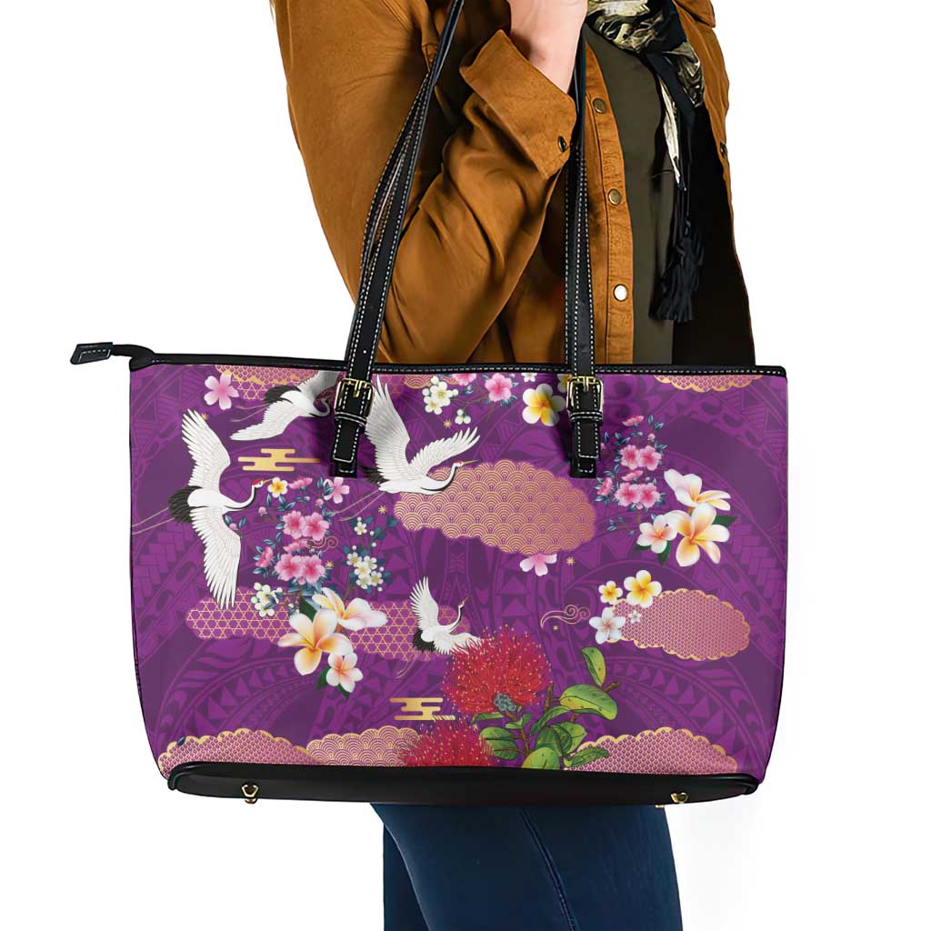 Hawaiian and Japanese Culture Together Leather Tote Bag Purple Ohia Lehua Plumeria and Sakura Blooming LT03 - Polynesian Pride