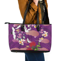 Hawaiian and Japanese Culture Together Leather Tote Bag Purple Ohia Lehua Plumeria and Sakura Blooming LT03 - Polynesian Pride