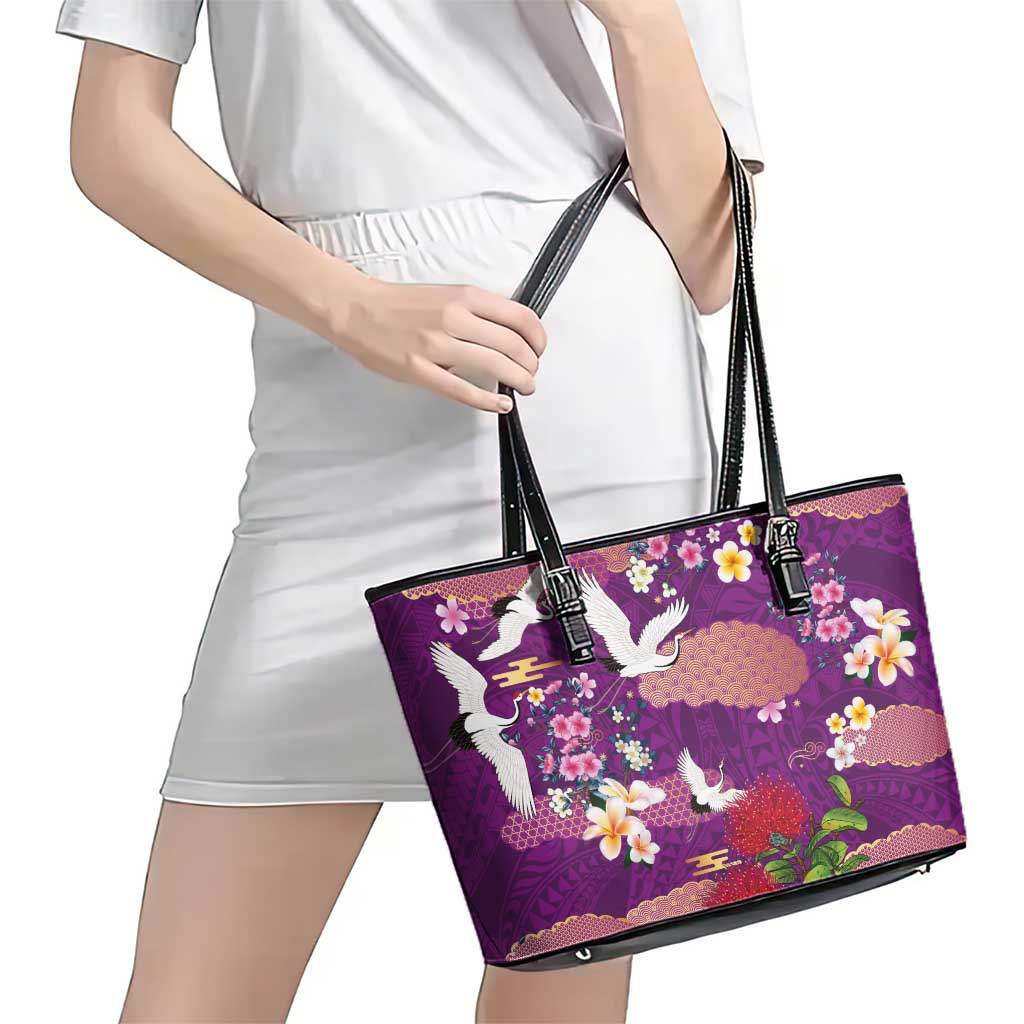 Hawaiian and Japanese Culture Together Leather Tote Bag Purple Ohia Lehua Plumeria and Sakura Blooming LT03 - Polynesian Pride