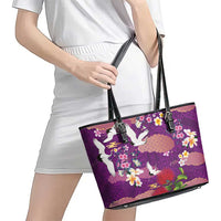 Hawaiian and Japanese Culture Together Leather Tote Bag Purple Ohia Lehua Plumeria and Sakura Blooming LT03 - Polynesian Pride