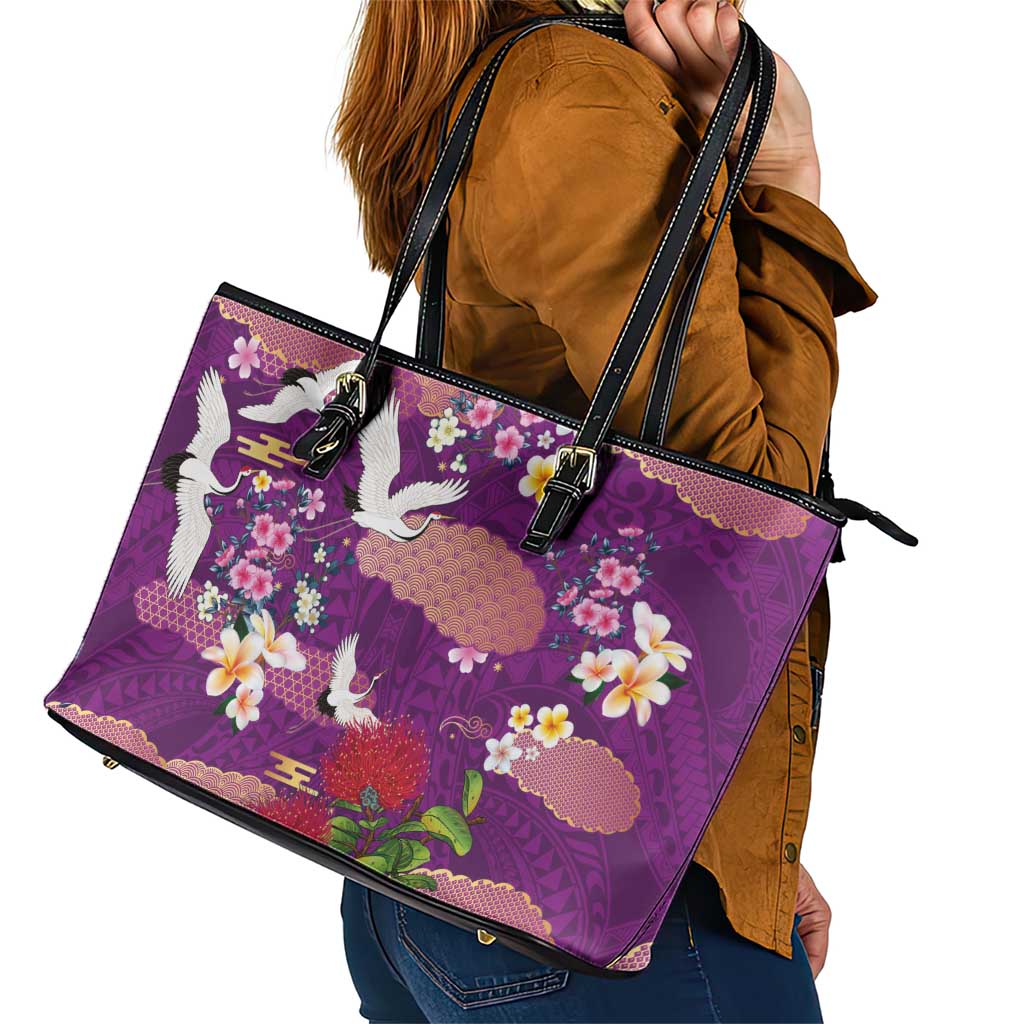 Hawaiian and Japanese Culture Together Leather Tote Bag Purple Ohia Lehua Plumeria and Sakura Blooming LT03 - Polynesian Pride