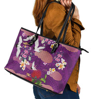 Hawaiian and Japanese Culture Together Leather Tote Bag Purple Ohia Lehua Plumeria and Sakura Blooming LT03 - Polynesian Pride