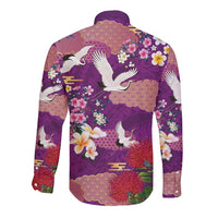 Hawaiian and Japanese Culture Together Long Sleeve Button Shirt Purple Ohia Lehua Plumeria and Sakura Blooming LT03 - Polynesian Pride