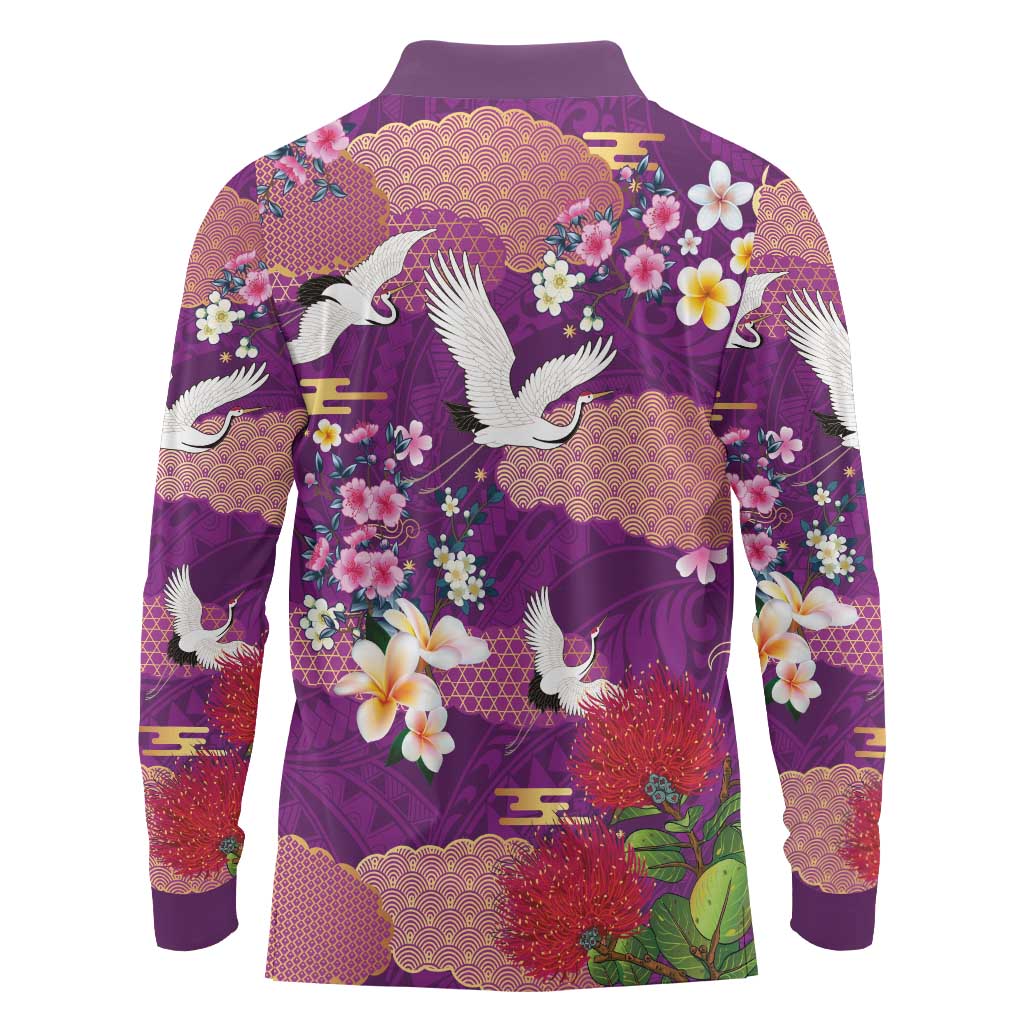 Hawaiian and Japanese Culture Together Long Sleeve Polo Shirt Purple Ohia Lehua Plumeria and Sakura Blooming - Polynesian Pride