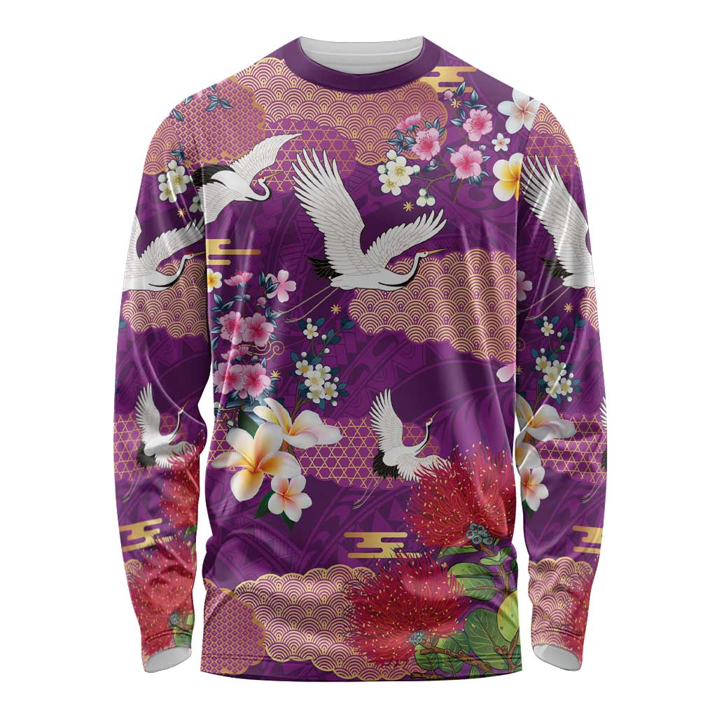 Hawaiian and Japanese Culture Together Long Sleeve Shirt Purple Ohia Lehua Plumeria and Sakura Blooming LT03 Unisex Purple - Polynesian Pride