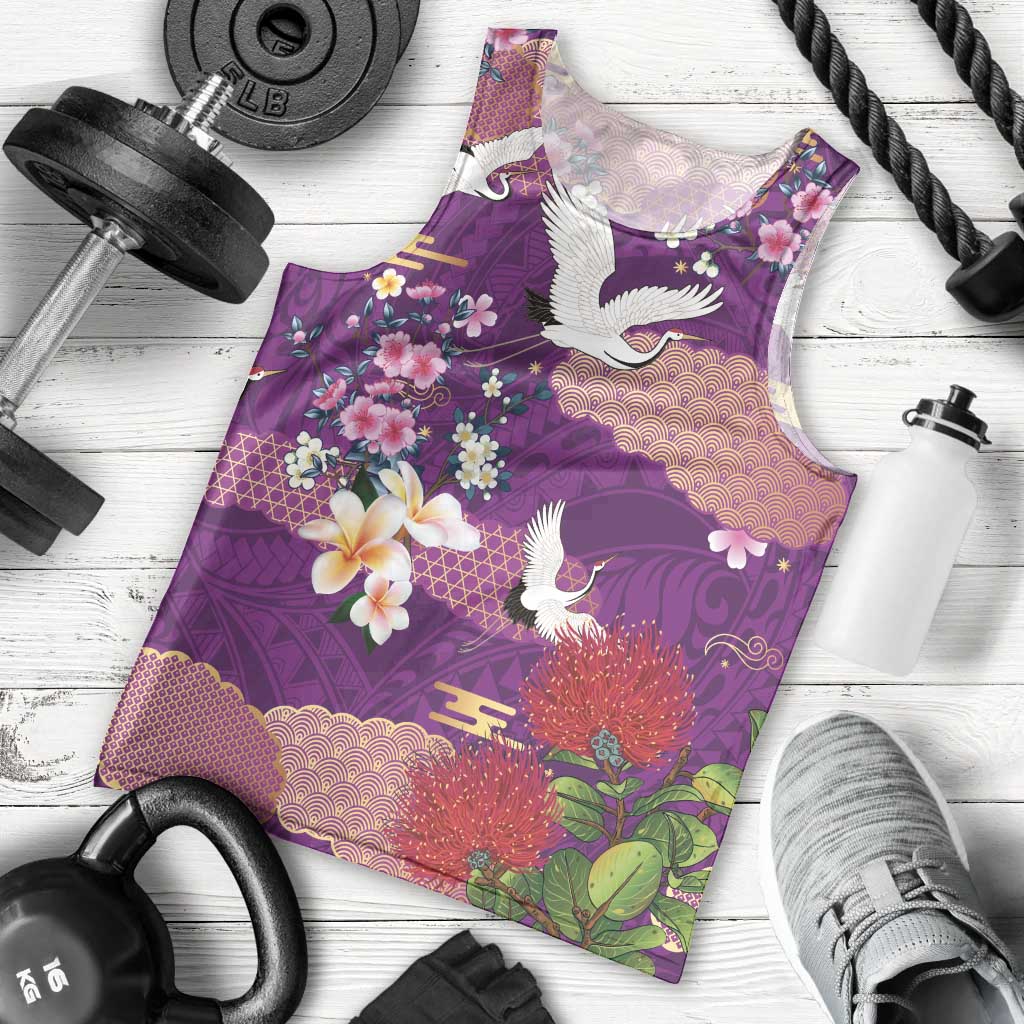 Hawaiian and Japanese Culture Together Men Tank Top Purple Ohia Lehua Plumeria and Sakura Blooming LT03 - Polynesian Pride