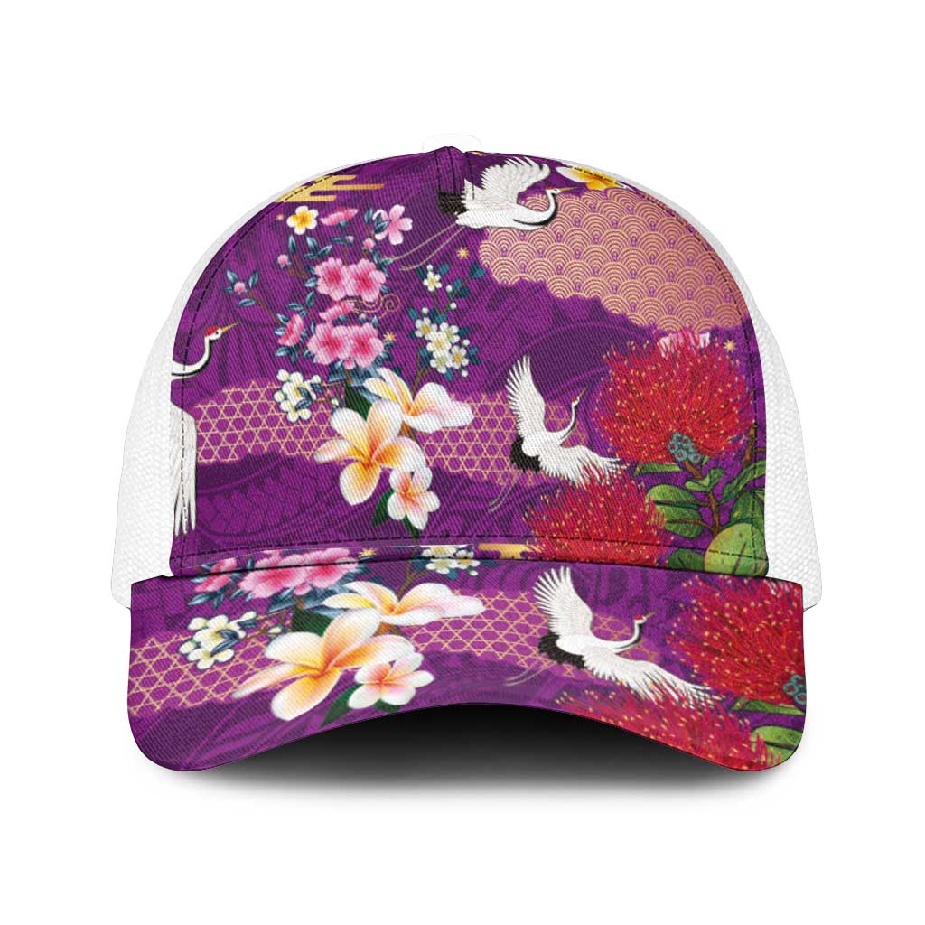 Hawaiian and Japanese Culture Together Mesh Trucker Cap Purple Ohia Lehua Plumeria and Sakura Blooming - Polynesian Pride