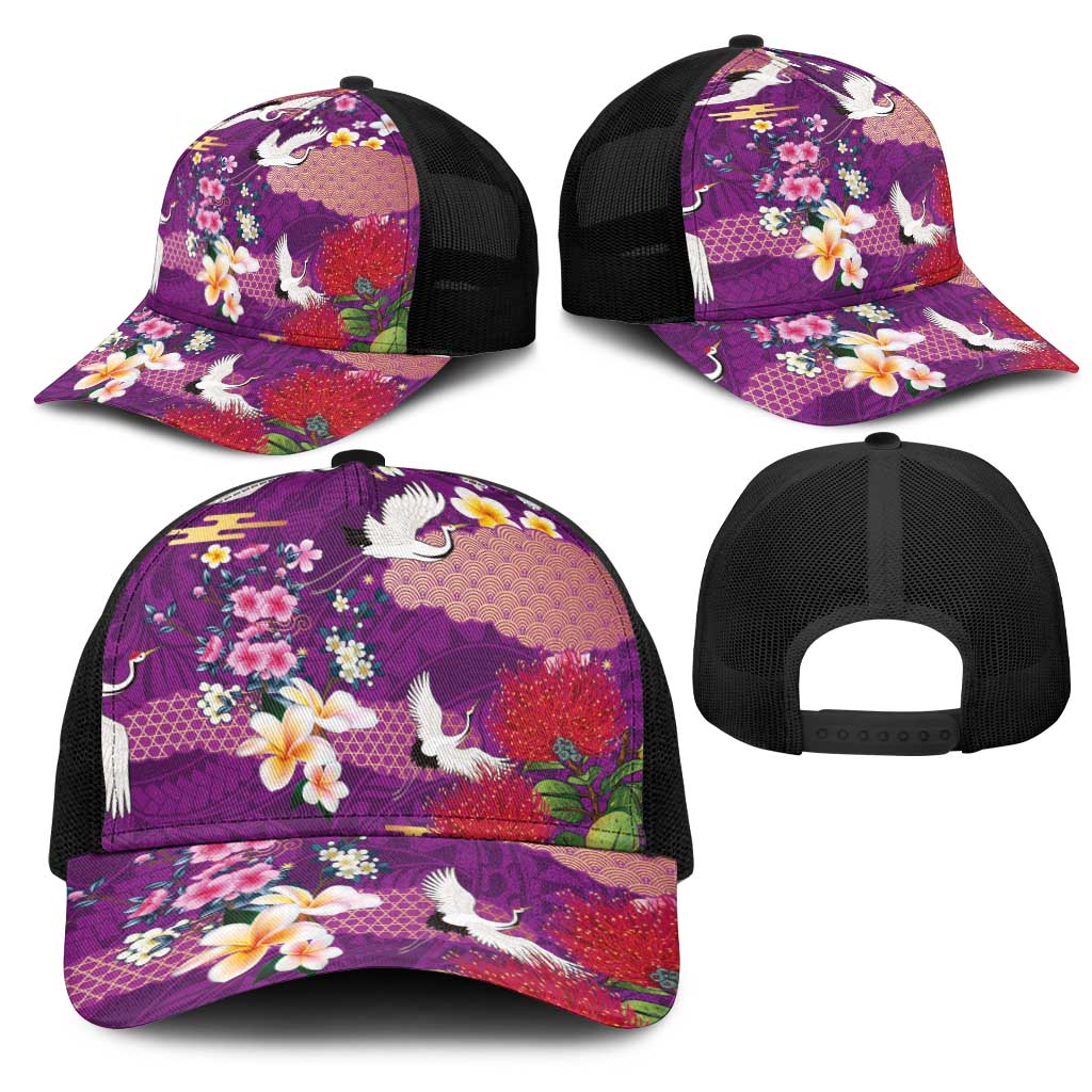 Hawaiian and Japanese Culture Together Mesh Trucker Cap Purple Ohia Lehua Plumeria and Sakura Blooming LT03 - Polynesian Pride