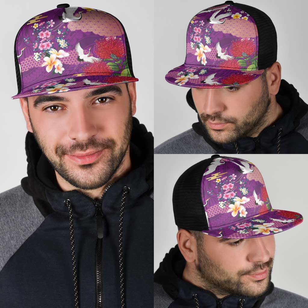Hawaiian and Japanese Culture Together Mesh Trucker Cap Purple Ohia Lehua Plumeria and Sakura Blooming LT03 - Polynesian Pride