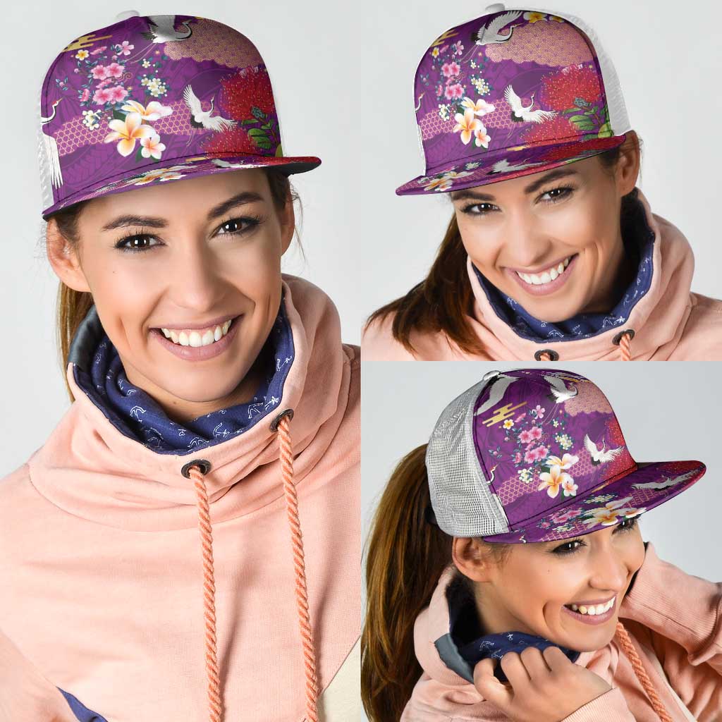 Hawaiian and Japanese Culture Together Mesh Trucker Cap Purple Ohia Lehua Plumeria and Sakura Blooming LT03 - Polynesian Pride