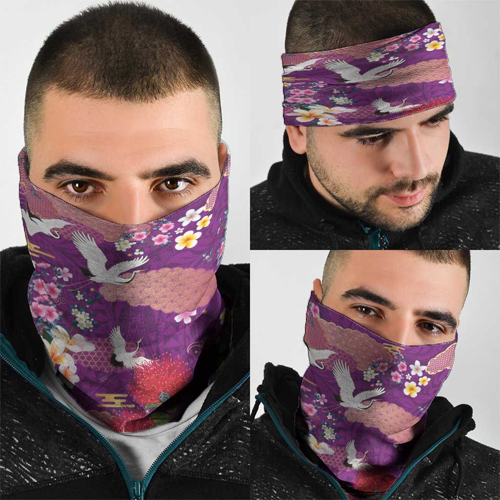 Hawaiian and Japanese Culture Together Neck Gaiter Purple Ohia Lehua Plumeria and Sakura Blooming LT03 - Polynesian Pride