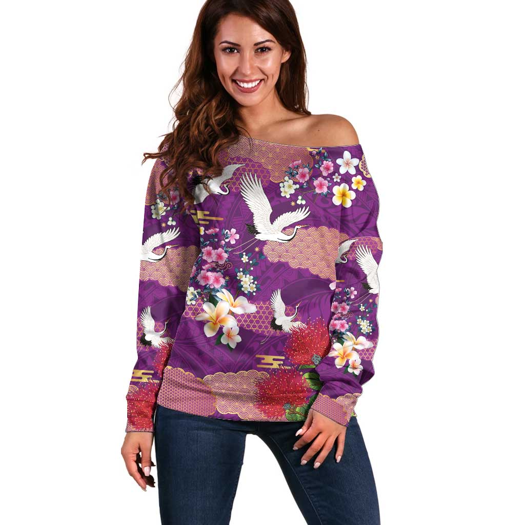 Hawaiian and Japanese Culture Together Off Shoulder Sweater Purple Ohia Lehua Plumeria and Sakura Blooming LT03 Women Purple - Polynesian Pride