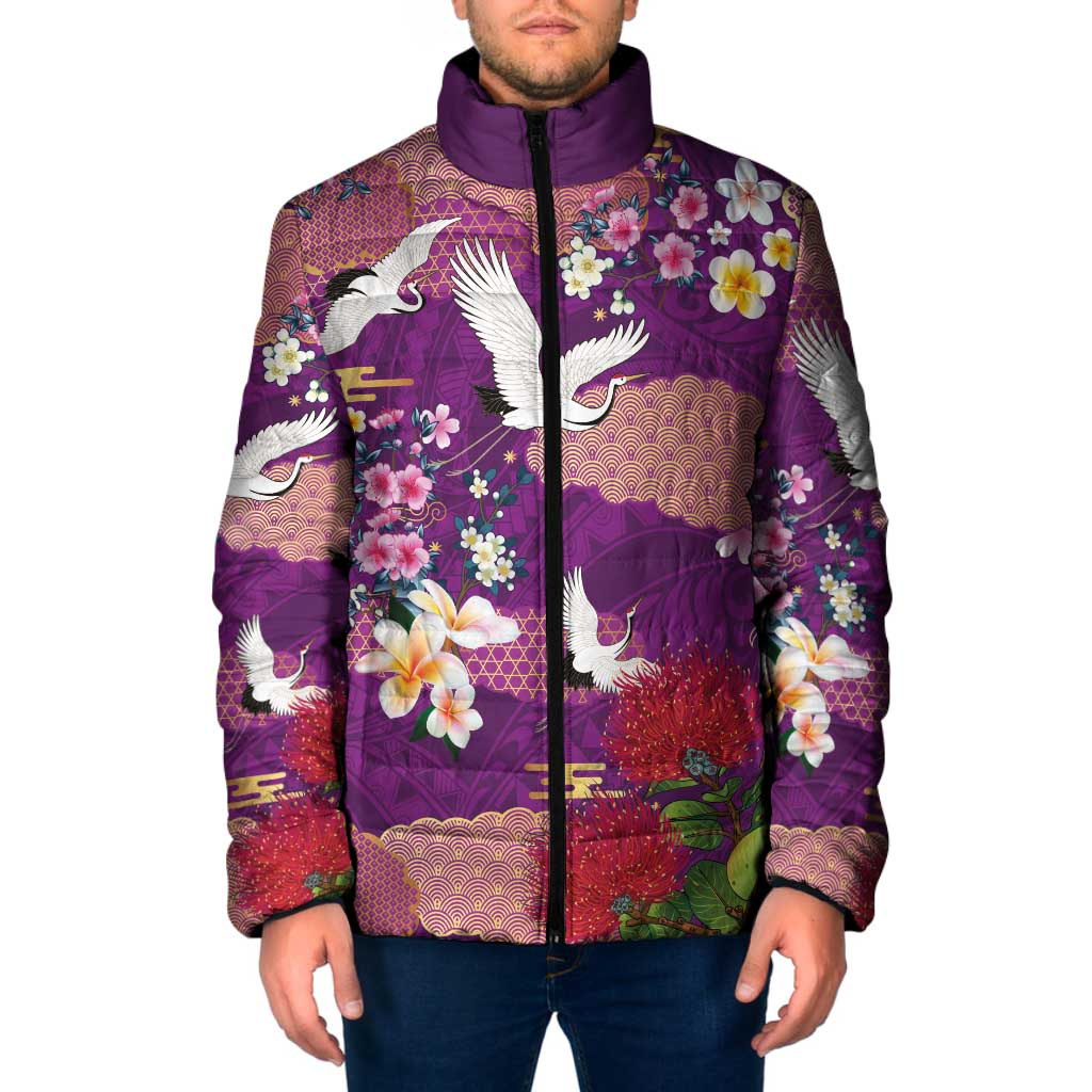 Hawaiian and Japanese Culture Together Padded Jacket Purple Ohia Lehua Plumeria and Sakura Blooming LT03 Men Purple - Polynesian Pride