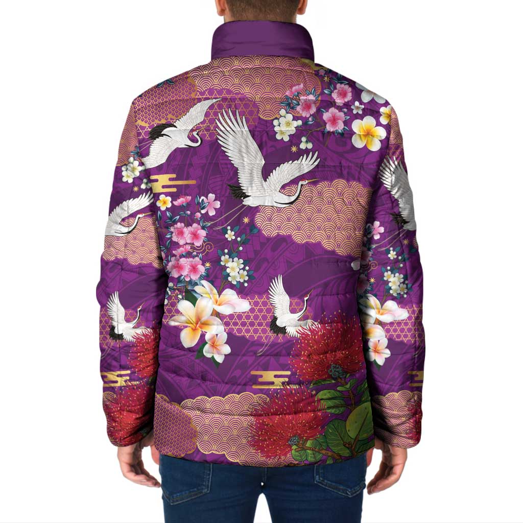 Hawaiian and Japanese Culture Together Padded Jacket Purple Ohia Lehua Plumeria and Sakura Blooming LT03 - Polynesian Pride