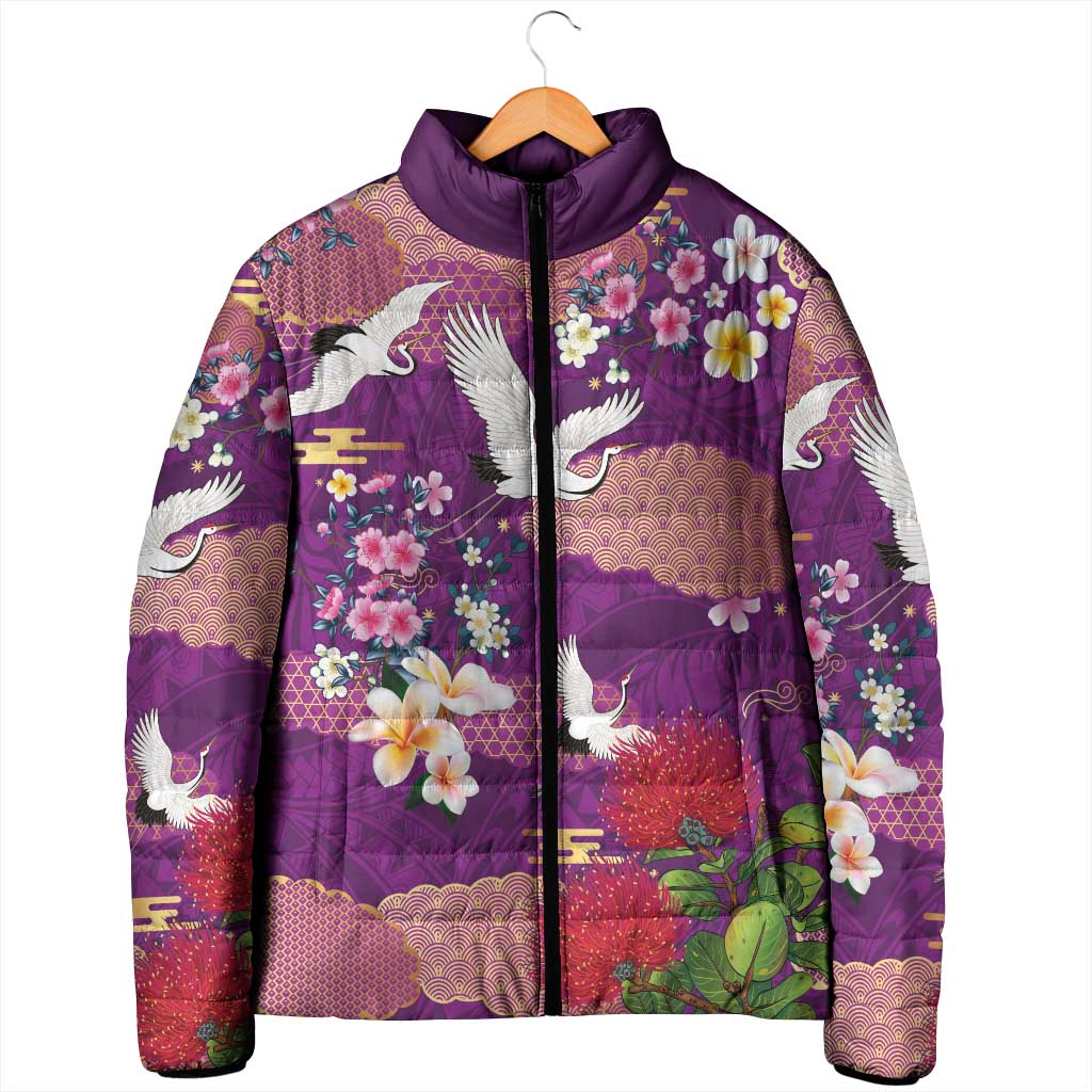 Hawaiian and Japanese Culture Together Padded Jacket Purple Ohia Lehua Plumeria and Sakura Blooming LT03 - Polynesian Pride