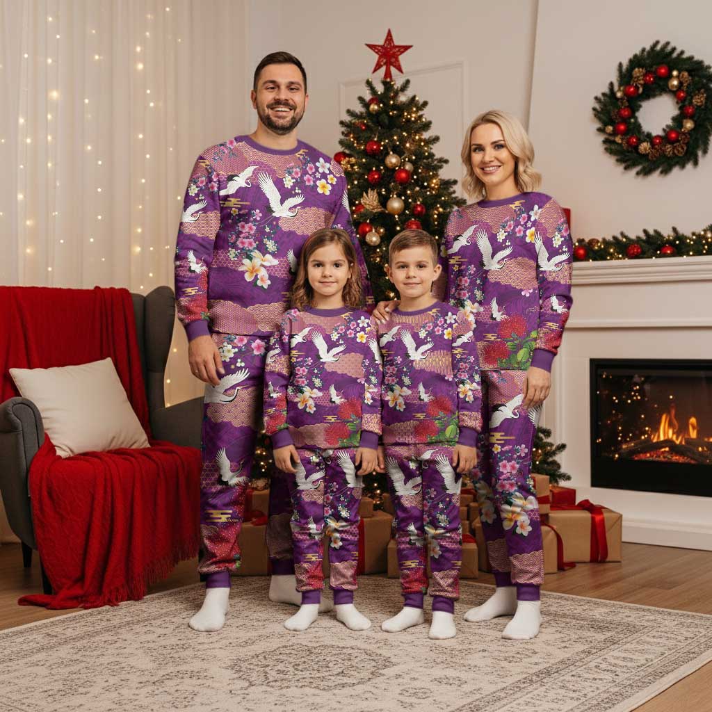 Hawaiian and Japanese Culture Together Christmas Pajama Set Purple Ohia Lehua Plumeria and Sakura Blooming LT03 - Polynesian Pride