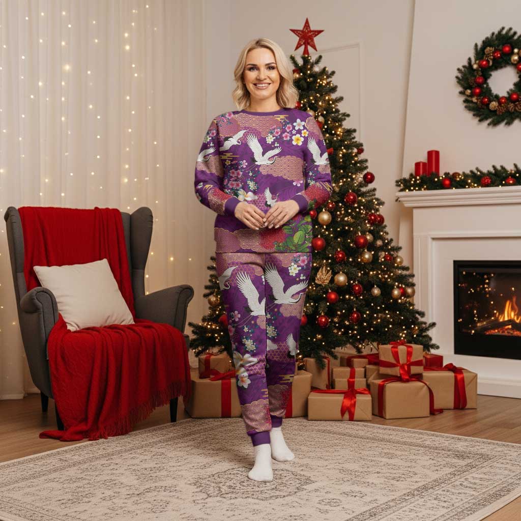 Hawaiian and Japanese Culture Together Christmas Pajama Set Purple Ohia Lehua Plumeria and Sakura Blooming LT03 Women Purple - Polynesian Pride