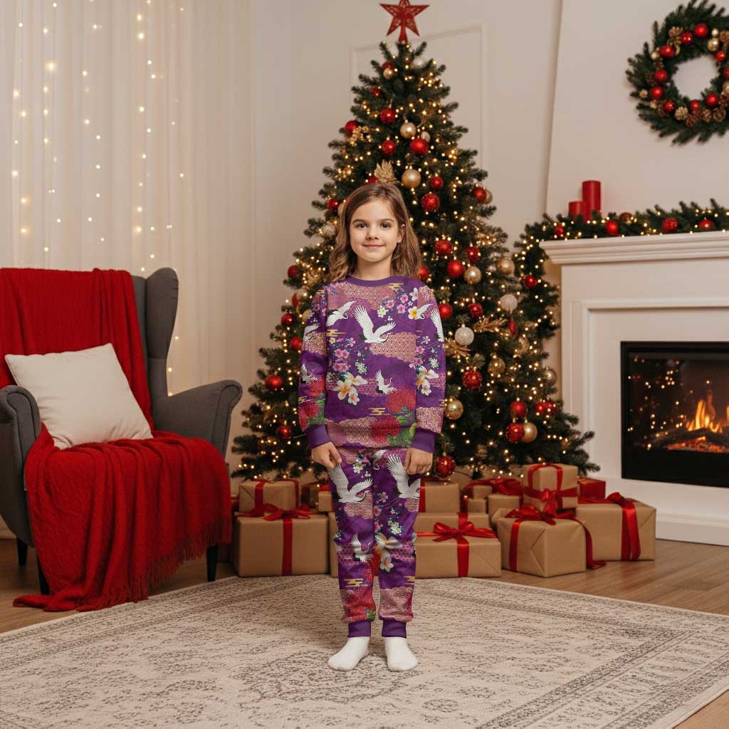 Hawaiian and Japanese Culture Together Christmas Pajama Set Purple Ohia Lehua Plumeria and Sakura Blooming LT03 Kid Purple - Polynesian Pride
