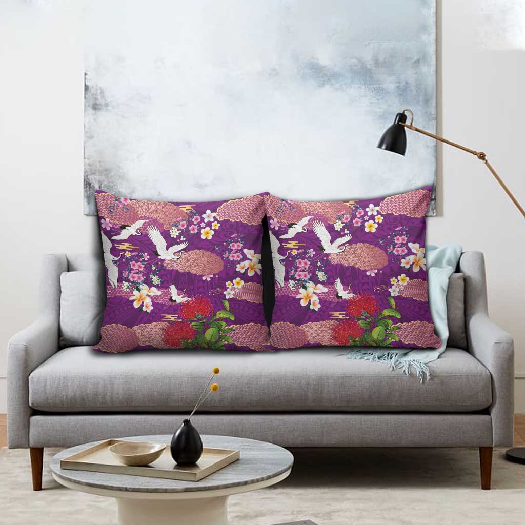 Hawaiian and Japanese Culture Together Pillow Cover Purple Ohia Lehua Plumeria and Sakura Blooming LT03 - Polynesian Pride