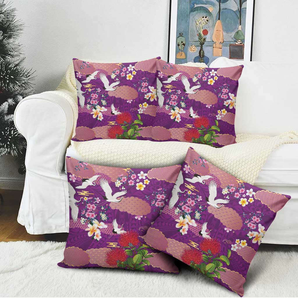 Hawaiian and Japanese Culture Together Pillow Cover Purple Ohia Lehua Plumeria and Sakura Blooming LT03 - Polynesian Pride