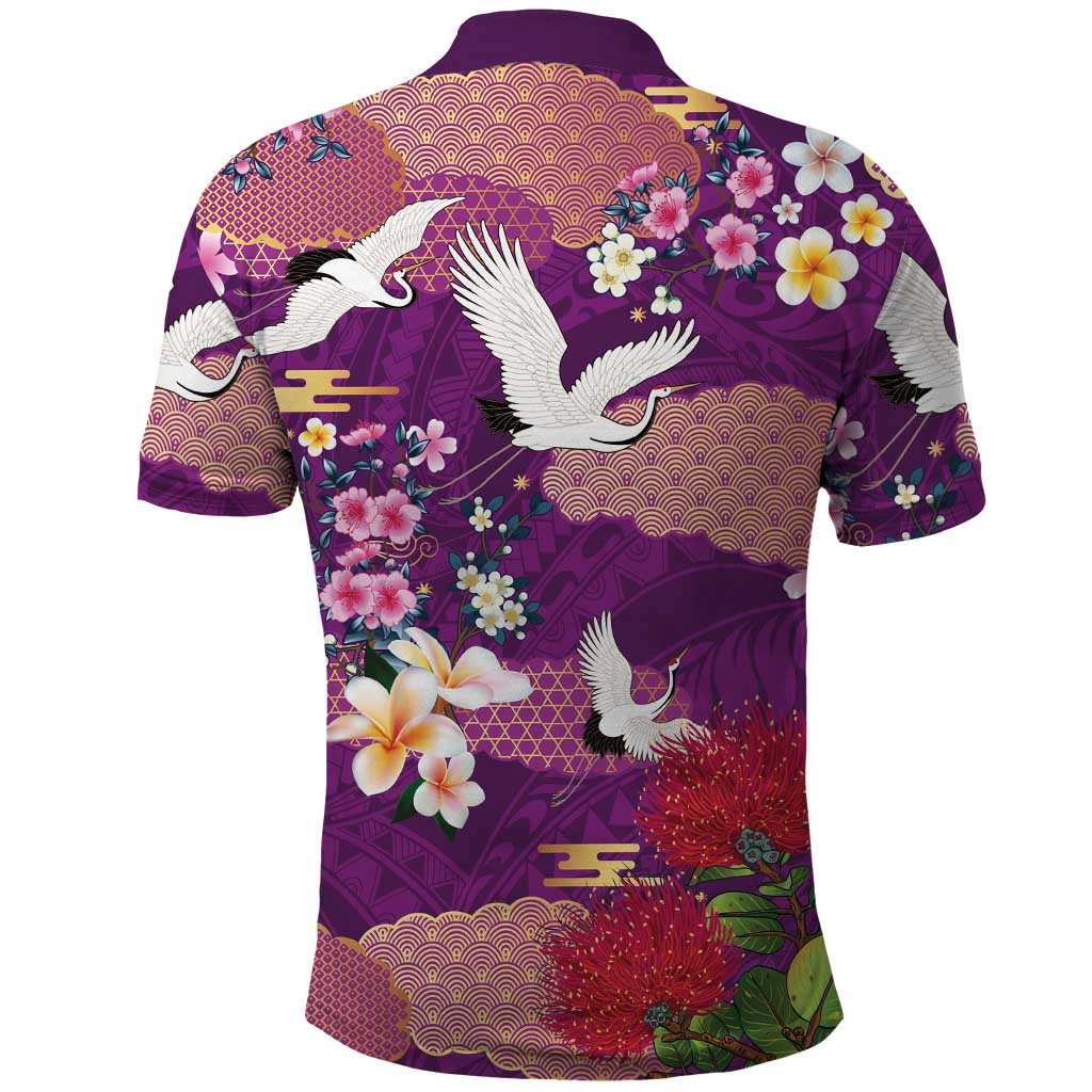 Hawaiian and Japanese Culture Together Polo Shirt Purple Ohia Lehua Plumeria and Sakura Blooming - Polynesian Pride