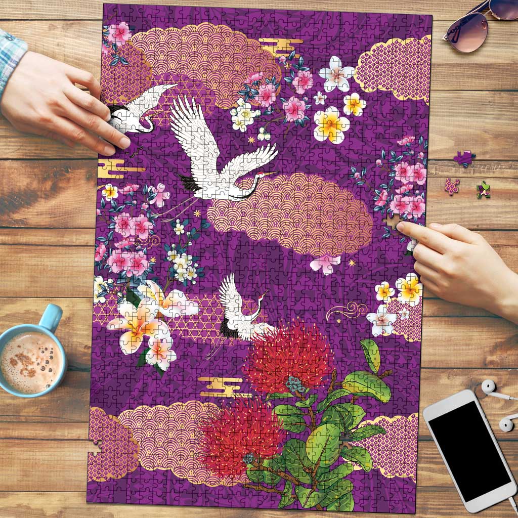 Hawaiian and Japanese Culture Together Puzzle Purple Ohia Lehua Plumeria and Sakura Blooming LT03 Purple - Polynesian Pride