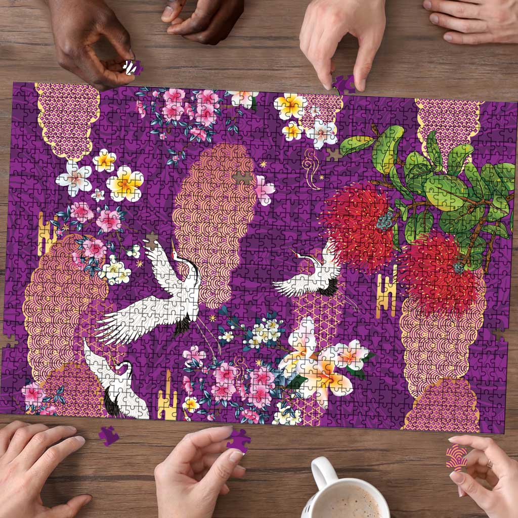 Hawaiian and Japanese Culture Together Puzzle Purple Ohia Lehua Plumeria and Sakura Blooming LT03 - Polynesian Pride