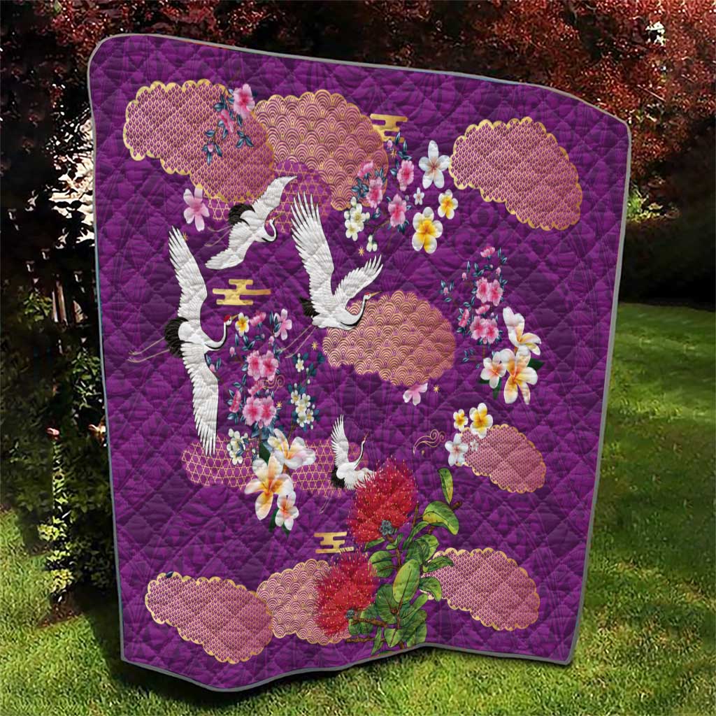 Hawaiian and Japanese Culture Together Quilt Purple Ohia Lehua Plumeria and Sakura Blooming LT03 - Polynesian Pride