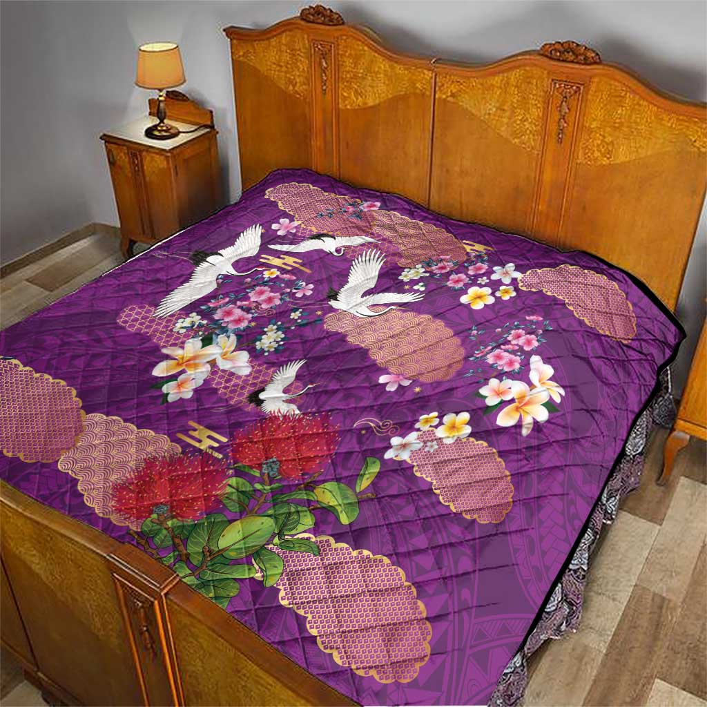 Hawaiian and Japanese Culture Together Quilt Purple Ohia Lehua Plumeria and Sakura Blooming LT03 - Polynesian Pride