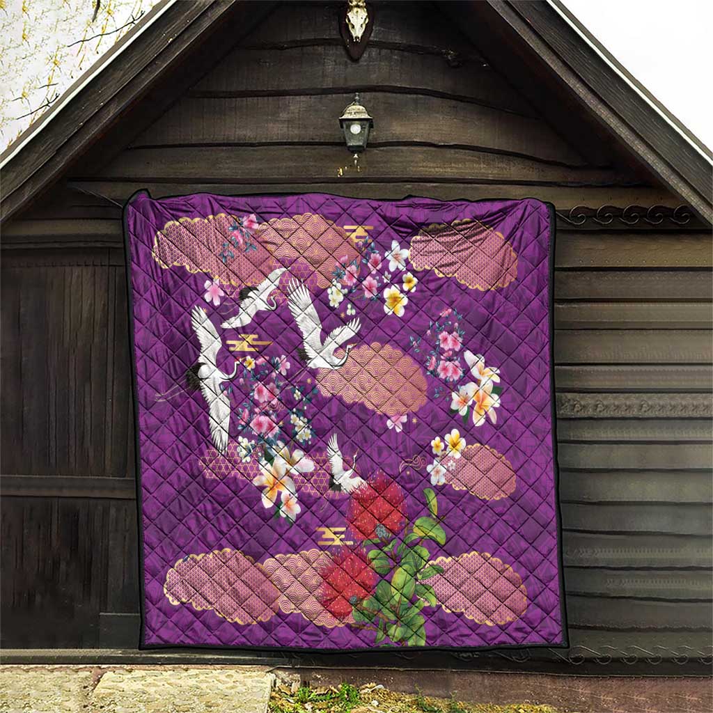 Hawaiian and Japanese Culture Together Quilt Purple Ohia Lehua Plumeria and Sakura Blooming LT03 - Polynesian Pride