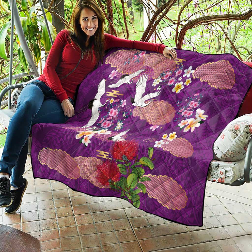 Hawaiian and Japanese Culture Together Quilt Purple Ohia Lehua Plumeria and Sakura Blooming LT03 - Polynesian Pride