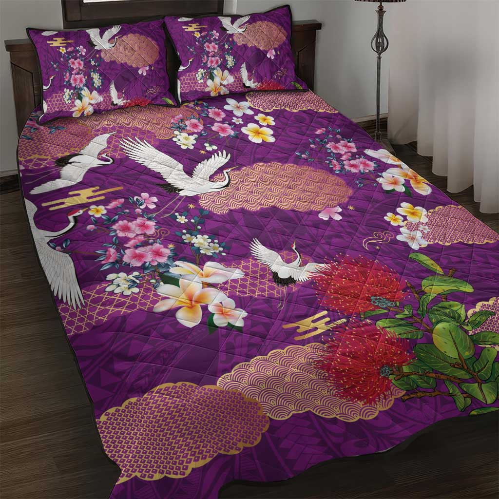 Hawaiian and Japanese Culture Together Quilt Bed Set Purple Ohia Lehua Plumeria and Sakura Blooming LT03 Purple - Polynesian Pride
