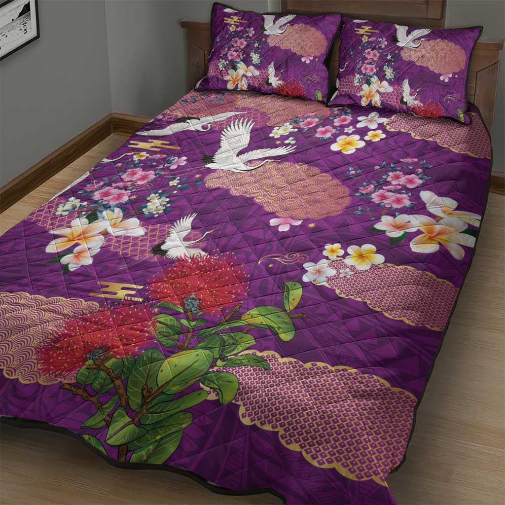 Hawaiian and Japanese Culture Together Quilt Bed Set Purple Ohia Lehua Plumeria and Sakura Blooming LT03 - Polynesian Pride