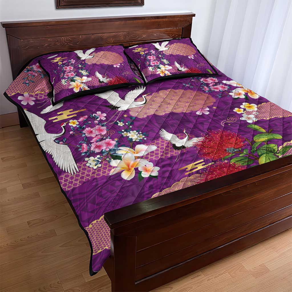 Hawaiian and Japanese Culture Together Quilt Bed Set Purple Ohia Lehua Plumeria and Sakura Blooming LT03 - Polynesian Pride
