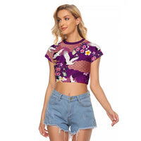 Hawaiian and Japanese Culture Together Raglan Cropped T Shirt Purple Ohia Lehua Plumeria and Sakura Blooming LT03 Female Purple - Polynesian Pride