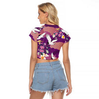 Hawaiian and Japanese Culture Together Raglan Cropped T Shirt Purple Ohia Lehua Plumeria and Sakura Blooming LT03 - Polynesian Pride