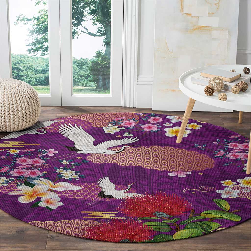 Hawaiian and Japanese Culture Together Round Carpet Purple Ohia Lehua Plumeria and Sakura Blooming LT03 - Polynesian Pride