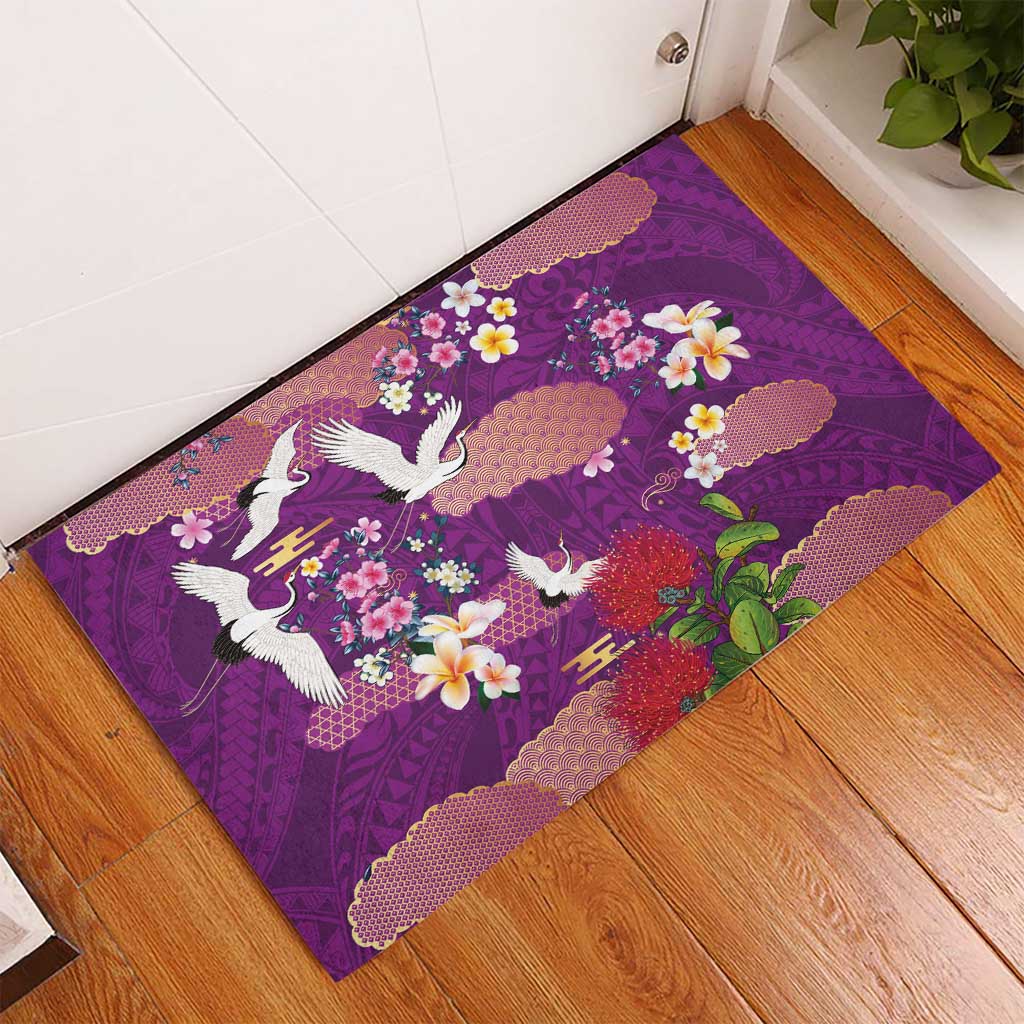 Hawaiian and Japanese Culture Together Rubber Doormat Purple Ohia Lehua Plumeria and Sakura Blooming LT03 - Polynesian Pride
