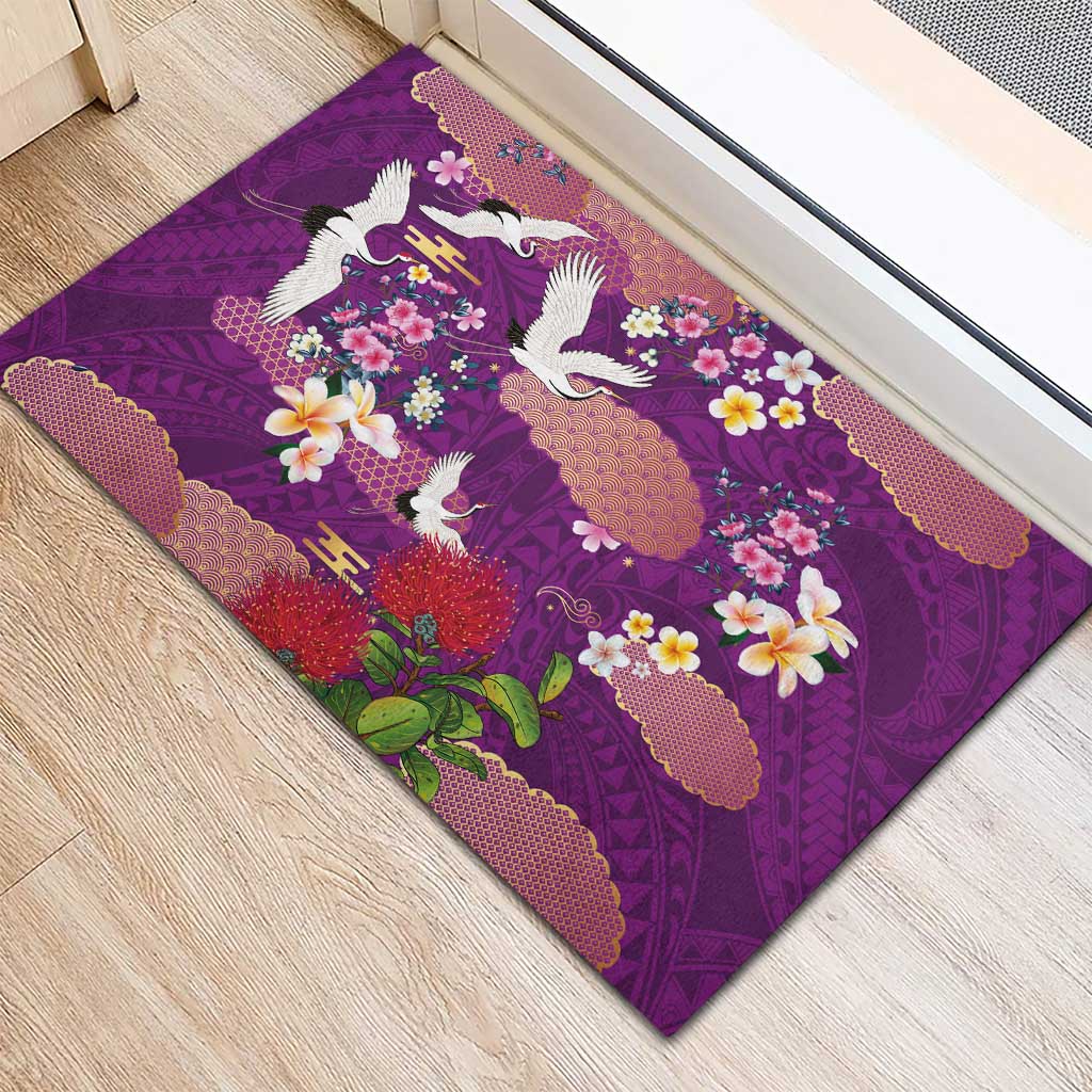 Hawaiian and Japanese Culture Together Rubber Doormat Purple Ohia Lehua Plumeria and Sakura Blooming LT03 - Polynesian Pride