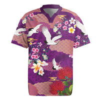 Hawaiian and Japanese Culture Together Rugby Jersey Purple Ohia Lehua Plumeria and Sakura Blooming LT03 Purple - Polynesian Pride