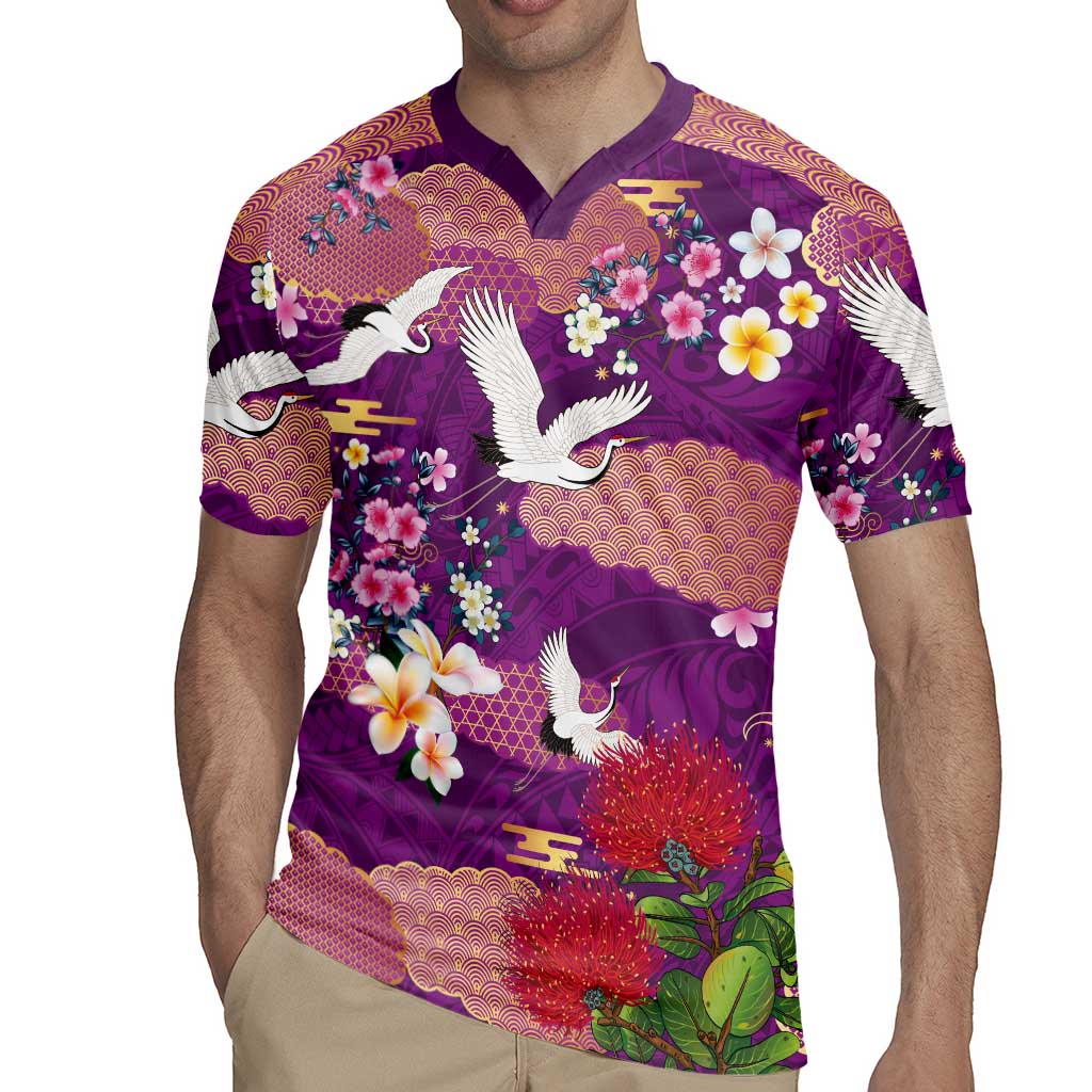 Hawaiian and Japanese Culture Together Rugby Jersey Purple Ohia Lehua Plumeria and Sakura Blooming LT03 - Polynesian Pride