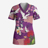 Hawaiian and Japanese Culture Together Scrub Top Purple Ohia Lehua Plumeria and Sakura Blooming LT03 Adult Purple - Polynesian Pride