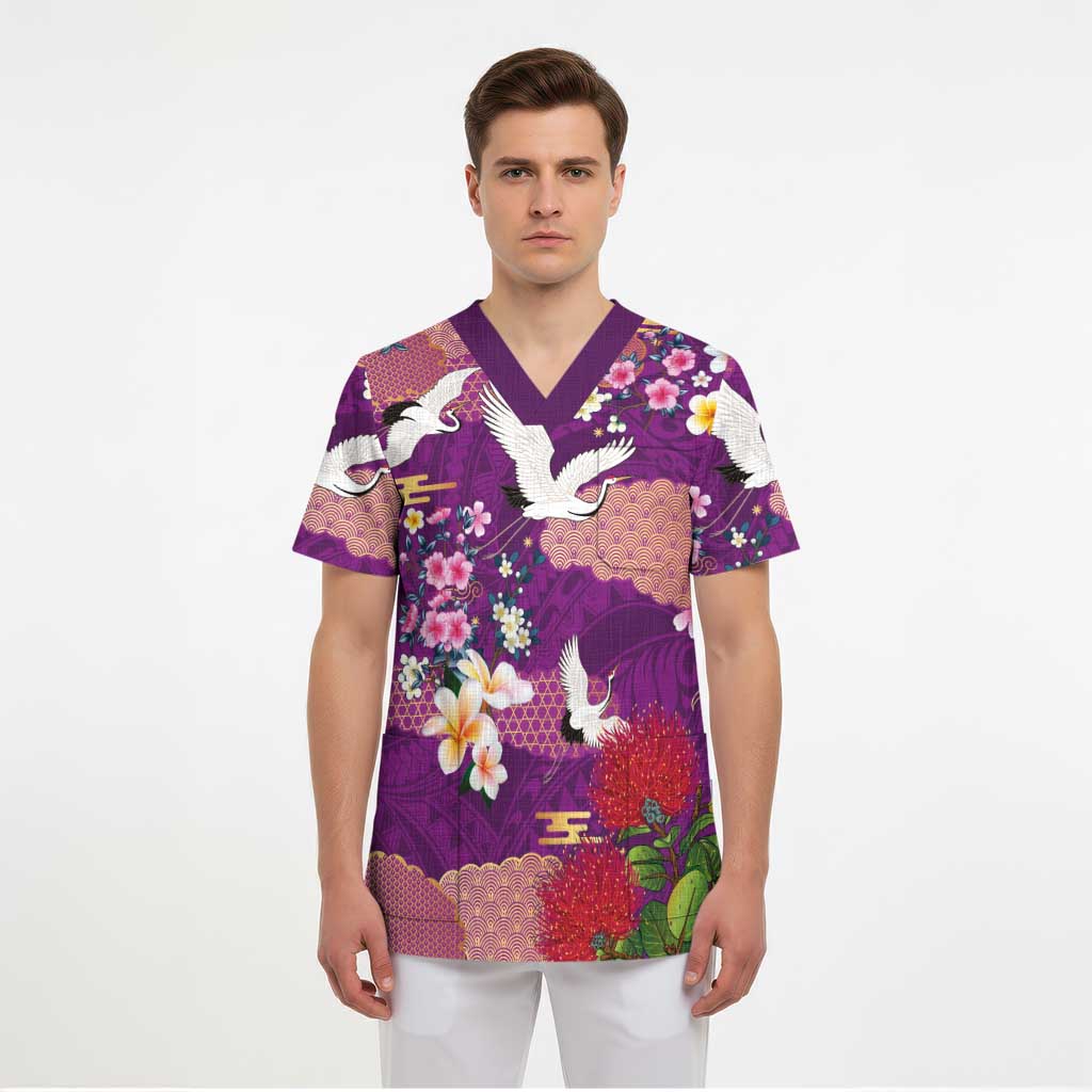 Hawaiian and Japanese Culture Together Scrub Top Purple Ohia Lehua Plumeria and Sakura Blooming LT03 - Polynesian Pride