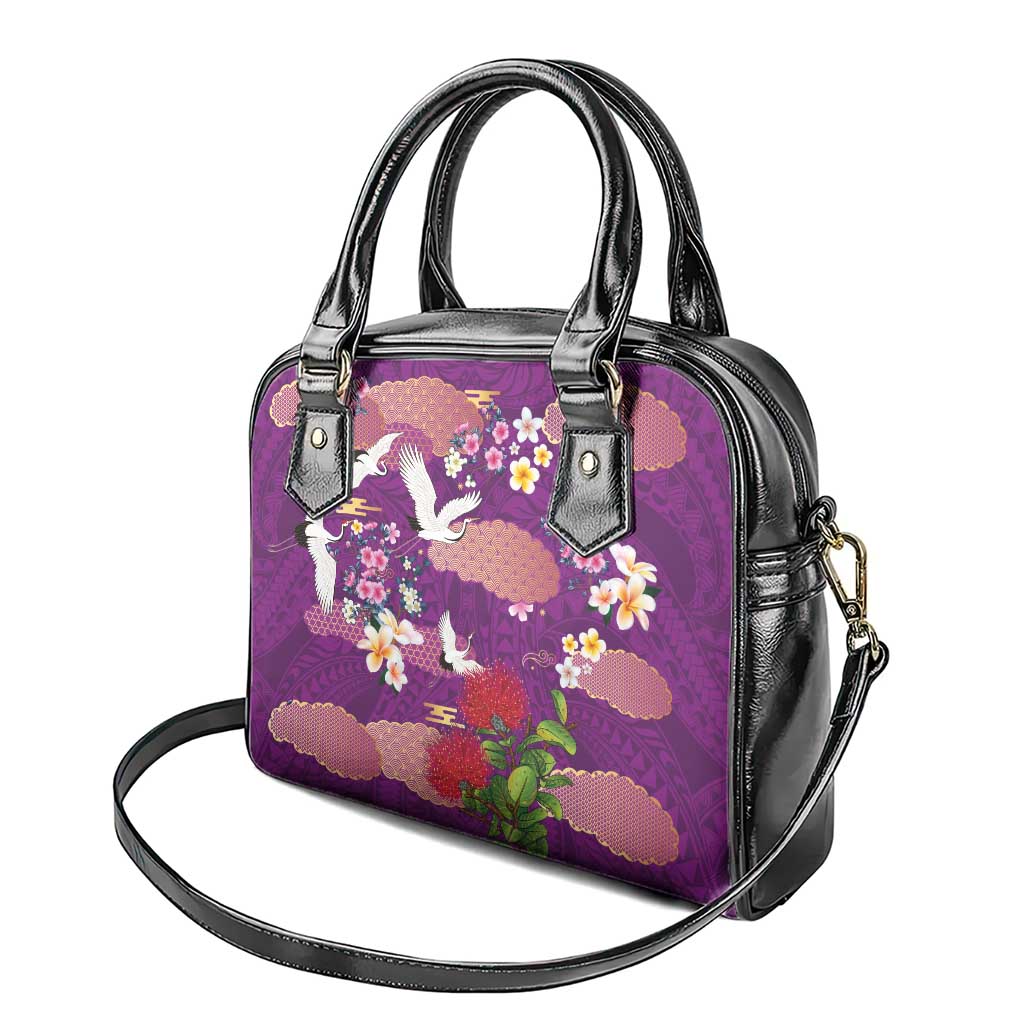 Hawaiian and Japanese Culture Together Shoulder Handbag Purple Ohia Lehua Plumeria and Sakura Blooming LT03 - Polynesian Pride