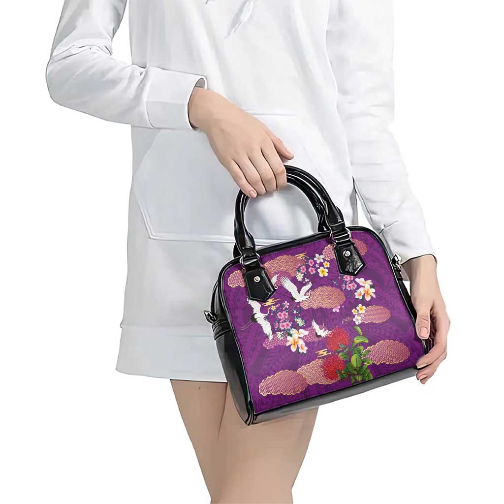 Hawaiian and Japanese Culture Together Shoulder Handbag Purple Ohia Lehua Plumeria and Sakura Blooming LT03 - Polynesian Pride